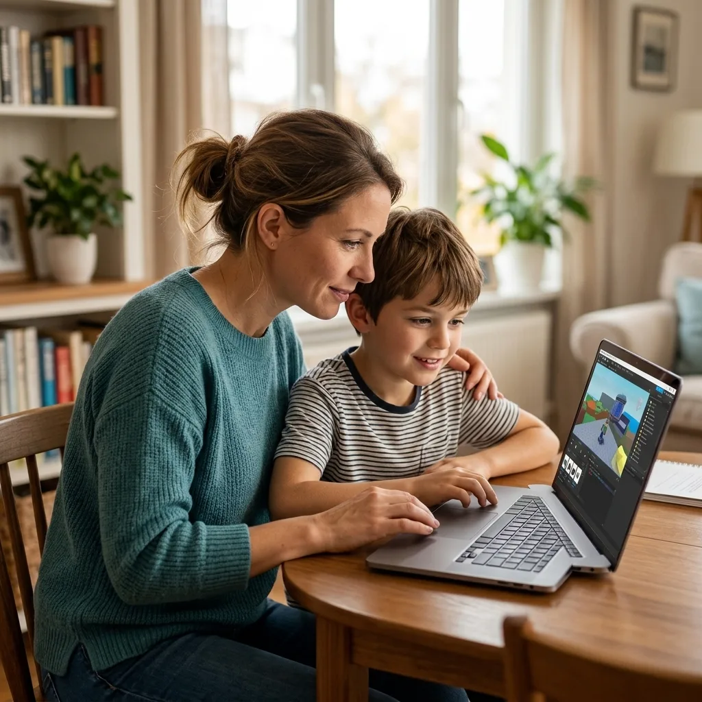 madre y su hijo de 9 años revisando juntos el proyecto en la laptop