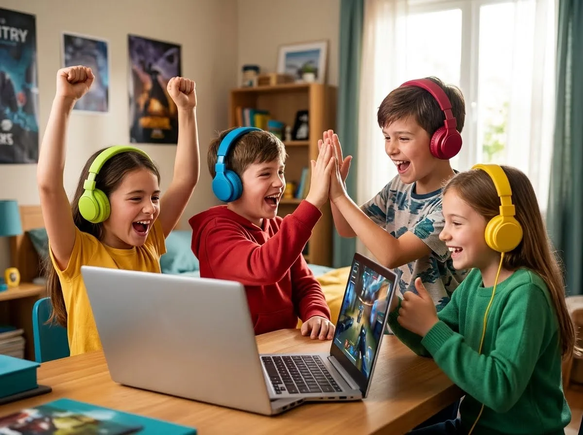 niños con audífonos celebrando frente a la laptop, colores vivos